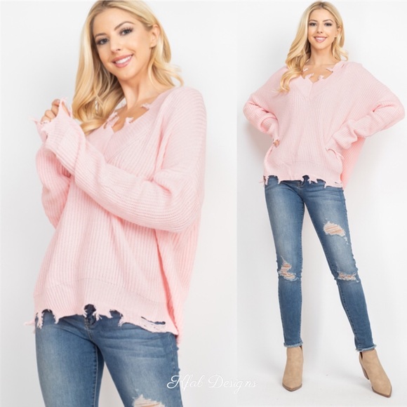LAST! V Neck Pink Oversized Destroyed Sweater! - Picture 3 of 5